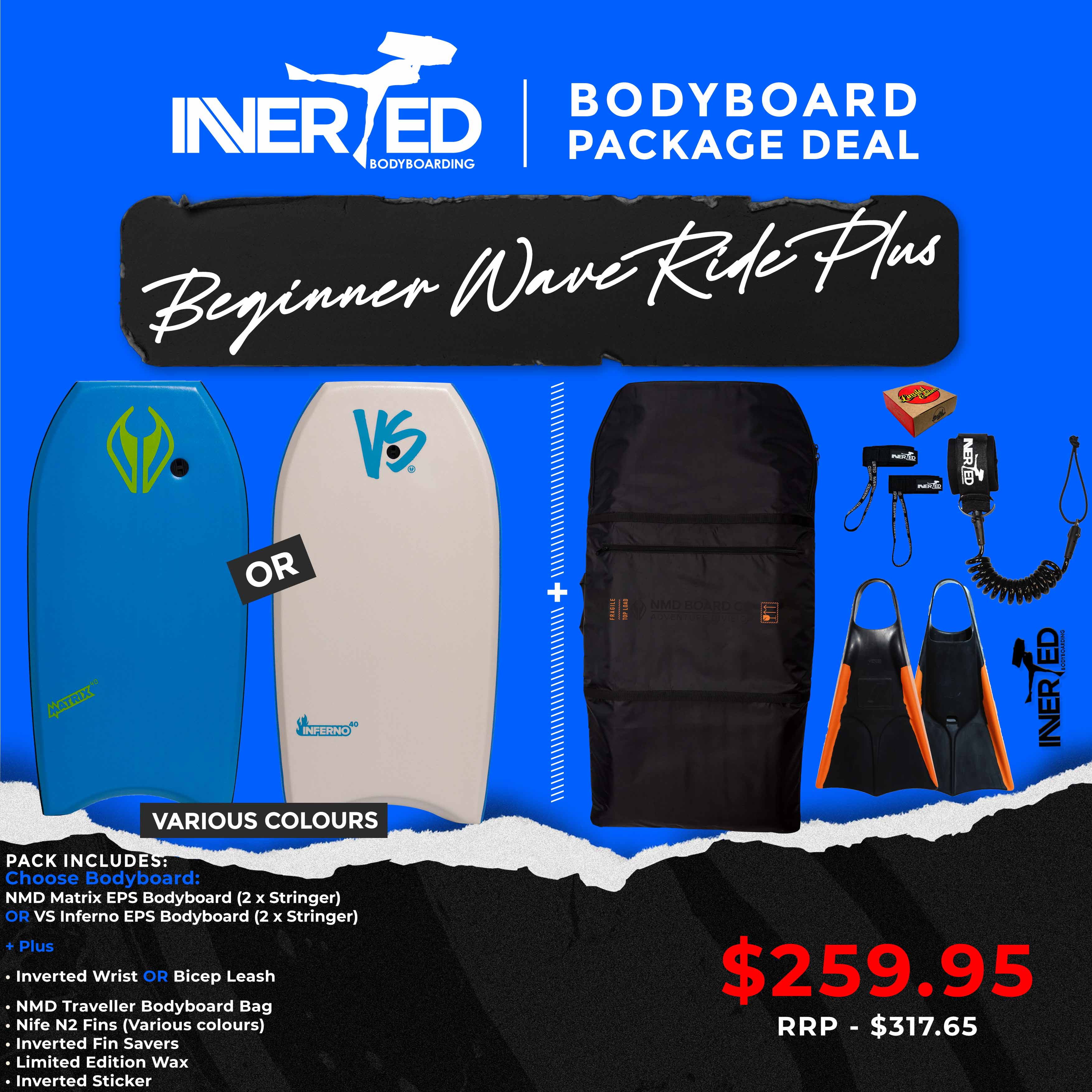 Wave Rider Bundle Beginner Wave Rider Plus Bodyboard Package Deal | Reinforced Board ...
